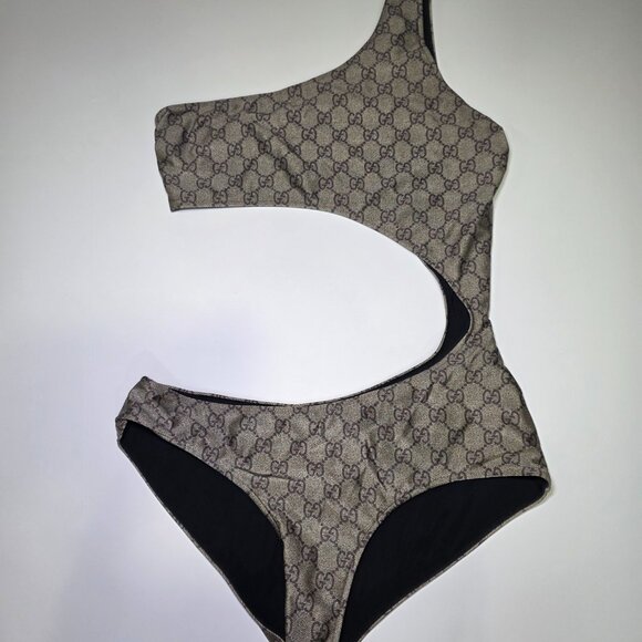 Gucci GG Monogram One-Shoulder Cutout Swimsuit Brown Designer - Picture 4 of 5
